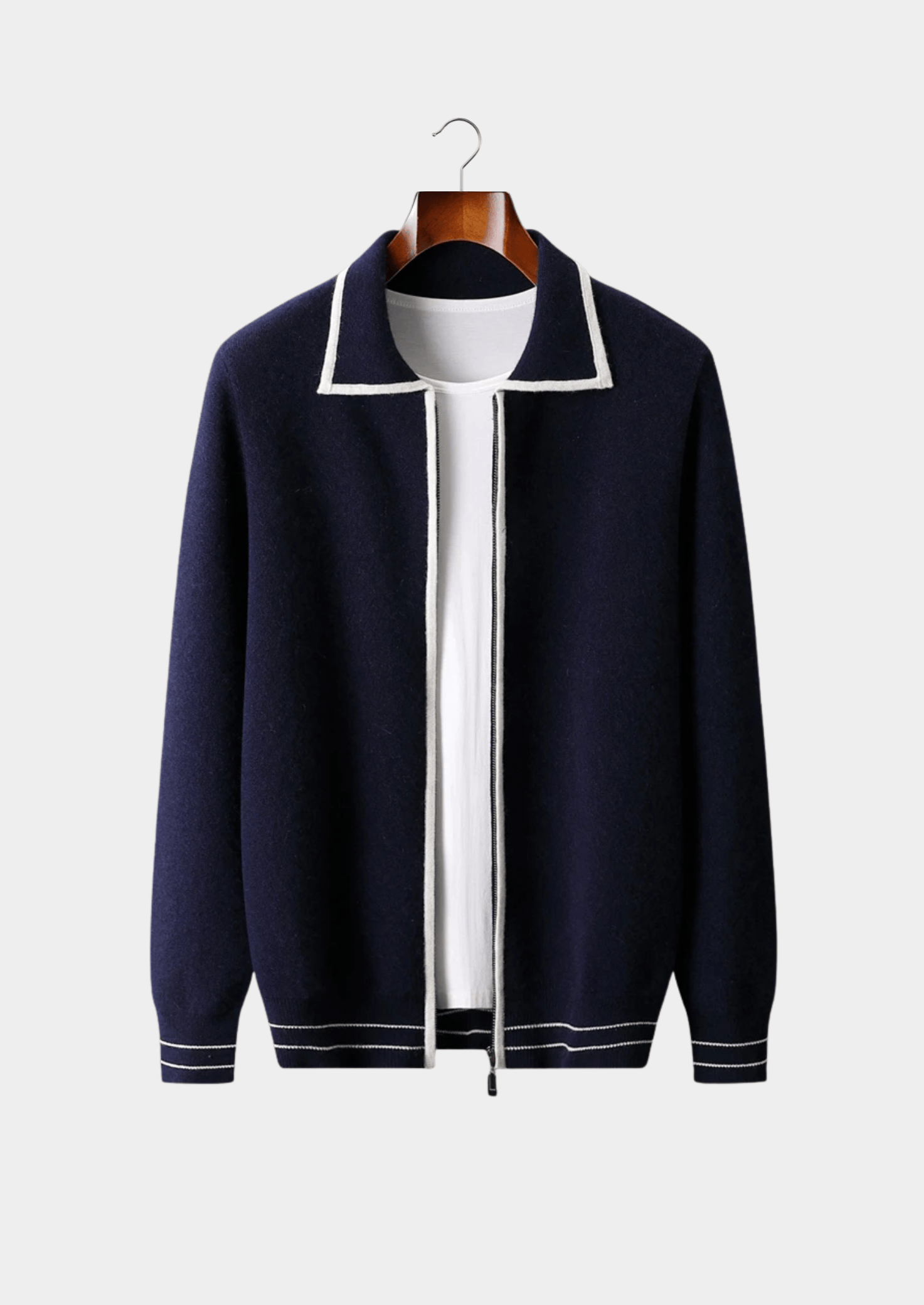 PURE EXTRA-FINE MERINO WOOL TWO-TONE POLO CARDIGAN