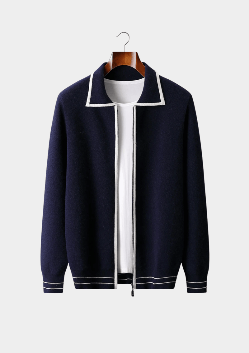 PURE EXTRA-FINE MERINO WOOL TWO-TONE POLO CARDIGAN