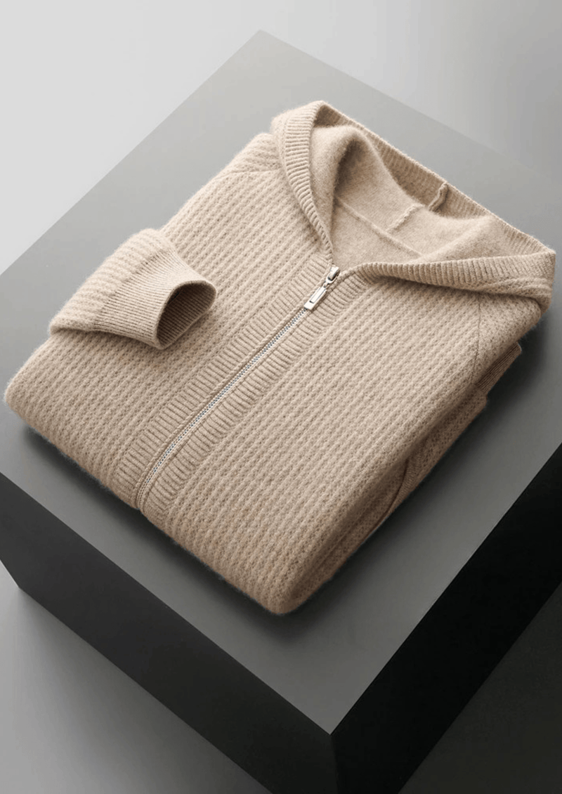 PURE EXTRA-FINE MERINO WOOL RIBBED ZIPPER HOODIE