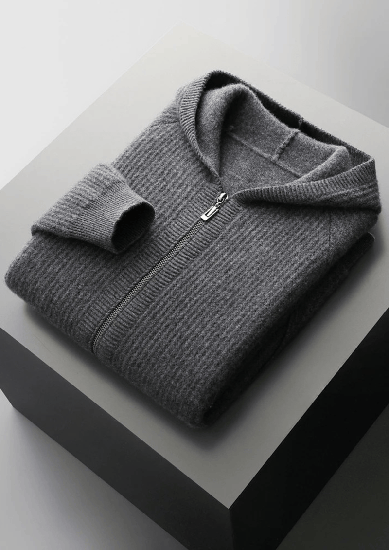 PURE EXTRA-FINE MERINO WOOL RIBBED ZIPPER HOODIE