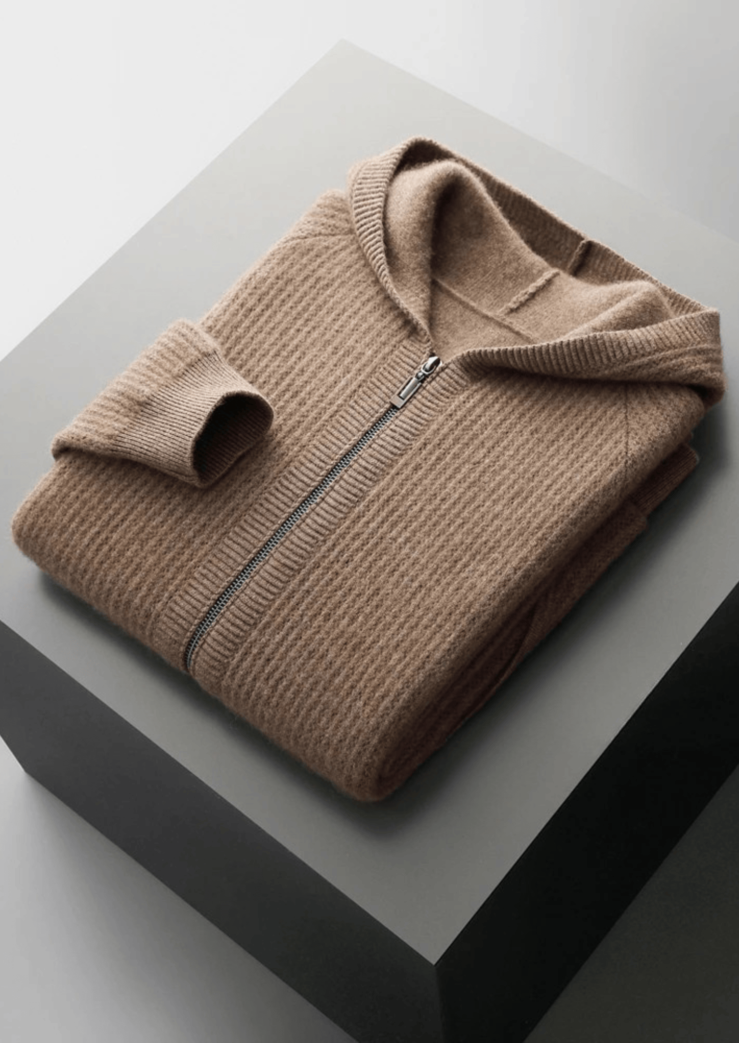 PURE EXTRA-FINE MERINO WOOL RIBBED ZIPPER HOODIE