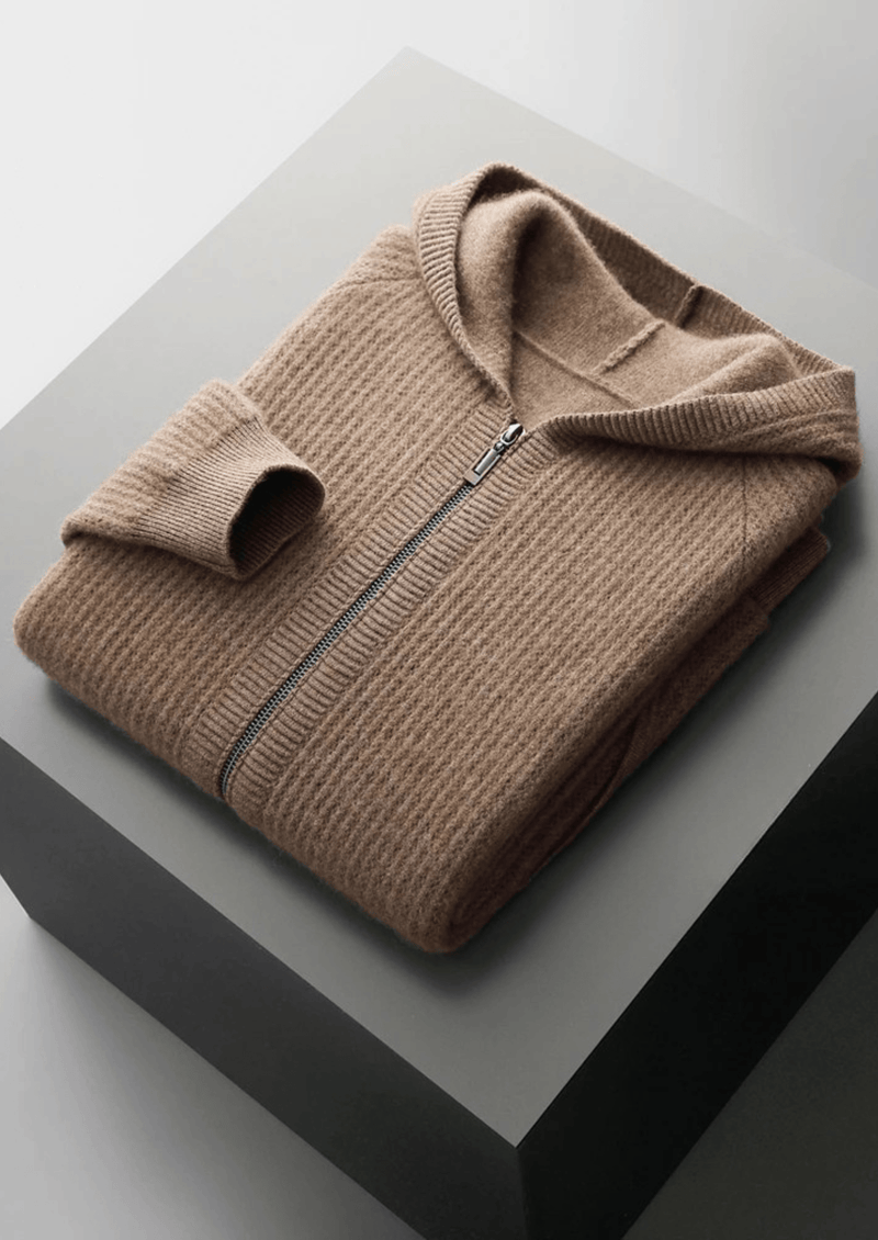 PURE EXTRA-FINE MERINO WOOL RIBBED ZIPPER HOODIE
