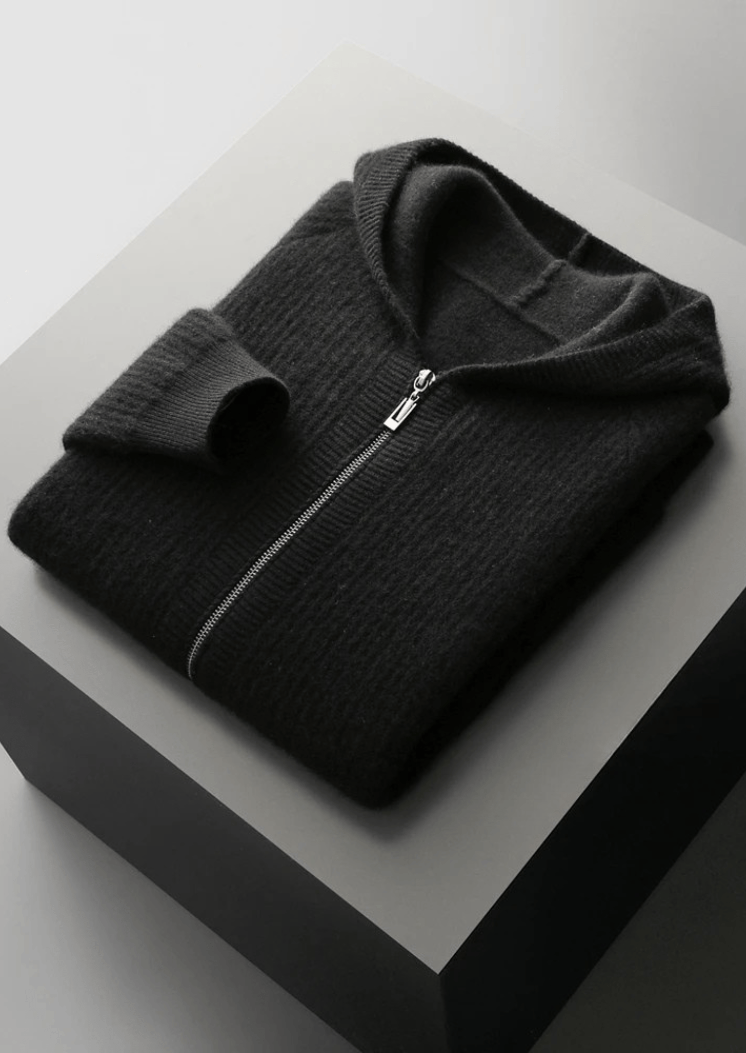 PURE EXTRA-FINE MERINO WOOL RIBBED ZIPPER HOODIE