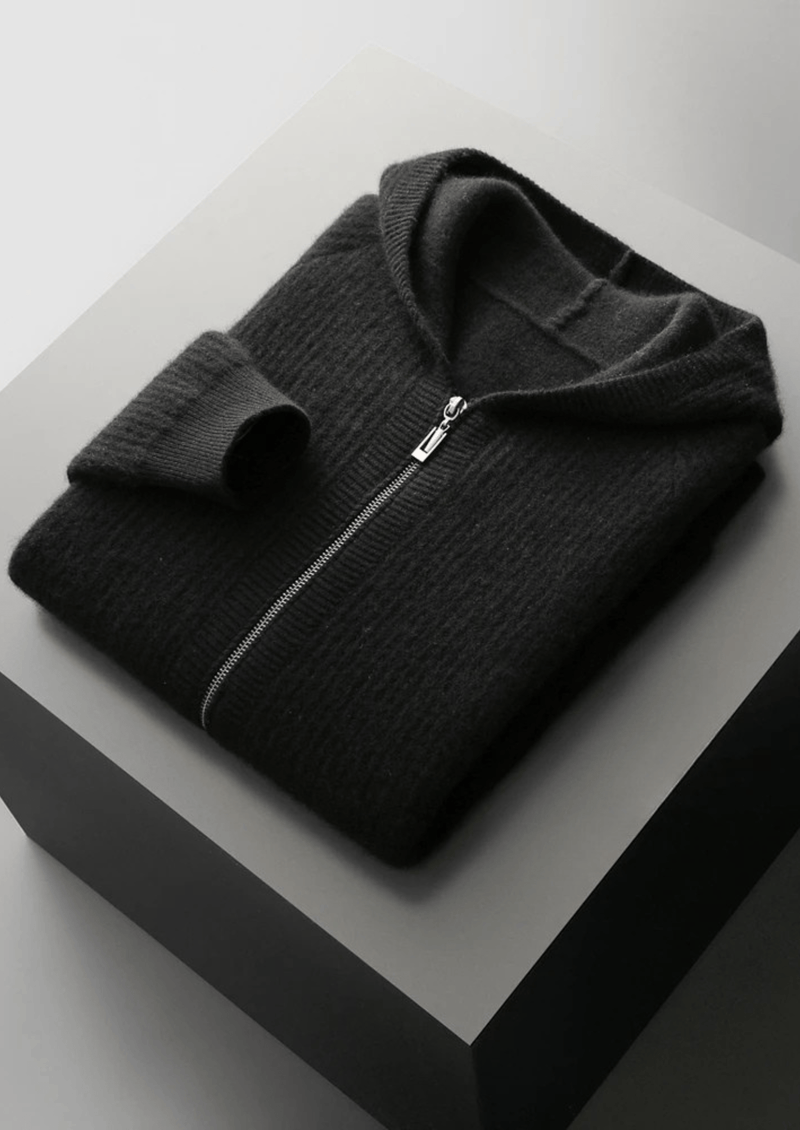 PURE EXTRA-FINE MERINO WOOL RIBBED ZIPPER HOODIE