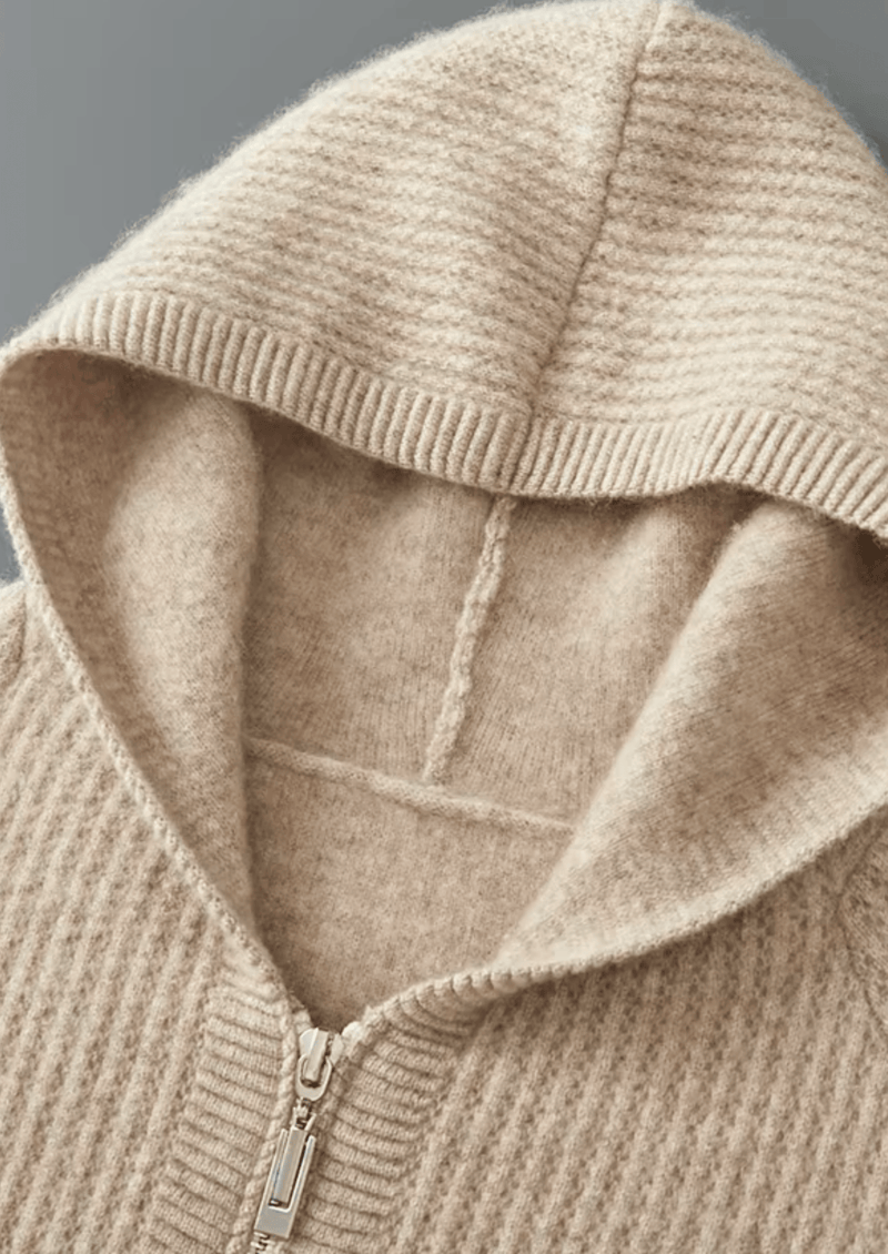 PURE EXTRA-FINE MERINO WOOL RIBBED ZIPPER HOODIE